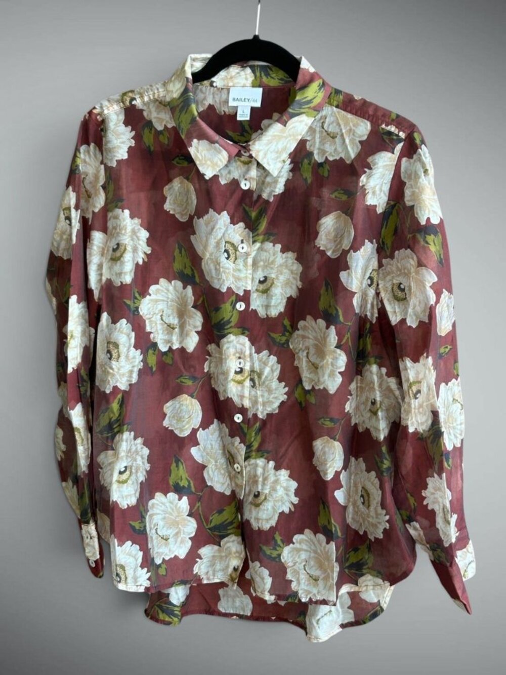 Bailey 44 Floral Rose Burgundy Brown Button Front Blouse Size Large